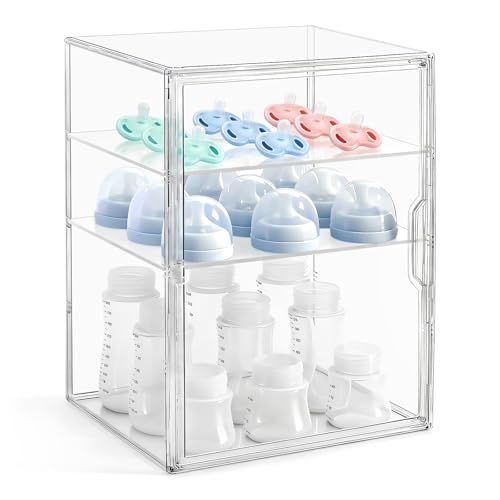 LANLISA Baby Bottle Storage Organizer for Countertop 3 Tiers Clear Acrylic Bottles Station Organizer Bottle Storage Container with 2 Removable Dividers