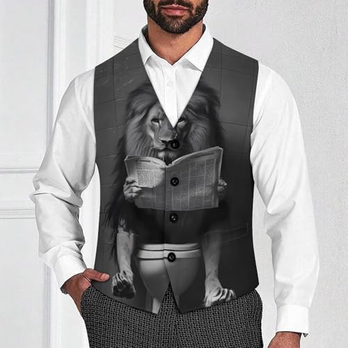 Funny Lion on Toilet Men's Suit Vests Business Formal Dress Vest V-Neck Waistcoat for Wedding Casual2