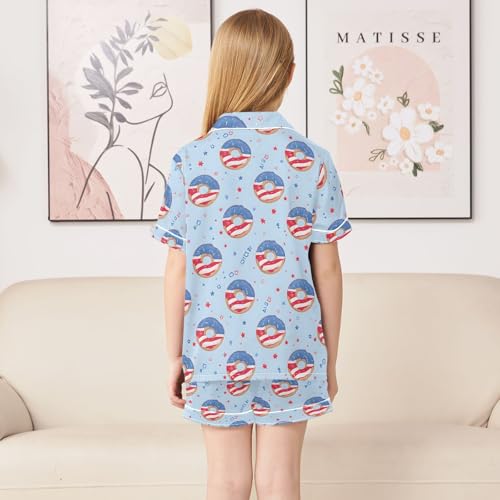 Flag Donut Pattern Summer Satin Pajama Set, Cute Button-Down Sleepwear Pj Set for Sleep Wears4