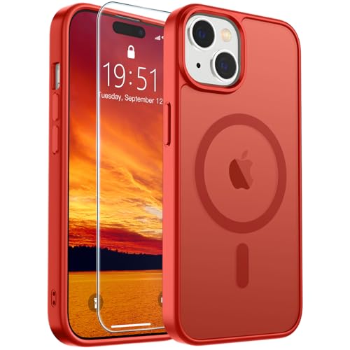 Image of SUPFINE Magnetic for iPhone 15 Case (Compatible with MagSafe) (Military Grade Drop Protection) Slim Translucent Matte Shockproof with Anti-Fingerprint Phone Case, Red