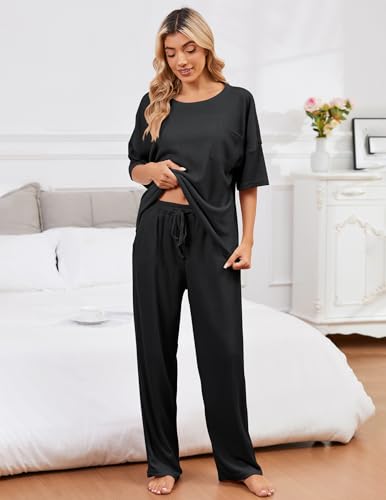Image of JiniGolla Womens Pajama Sets Waffle Knit Short Sleeve Shirt with Long Pajama Pants Soft Sleepwear Pj Lounge Sets