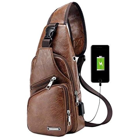 Hebetag PU Leather Sling Crossbody Bag for Men Women Small Shoulder Pack Cross Body Chest Bags with USB Charging Port Headphone Plug Outdoor Travel Hiking Camping Daypacks Brown Cover