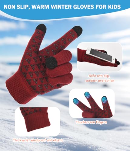 Image of Kids Winter Hat Scarf&Touchscreen Gloves Set,Knitted Beanie with Fleece Lining, Neck Warmer for Boys Girls 4-15 Years