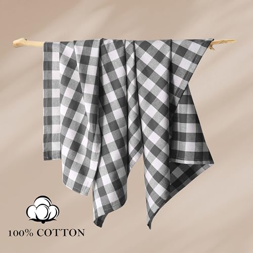 Image of Gingham Check Kitchen Towels, 4 Pack, 16x26 Inches, 100% Cotton - Soft, Highly Absorbent, Quick Drying, Dish Towels for Drying Dishes, Glasswares, Cleaning, Wiping Hands, Grey White
