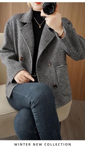 utcoco Womens Crooped Wool Coats Houndstooth Double Breasted Short Wool Pea Coat Cropped Blazer Jackets with Pocket4