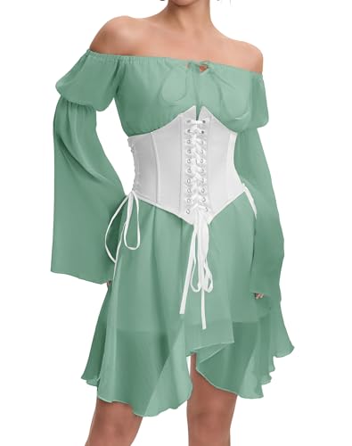 Image of Womens Green Fairy Dress With Corset Off Shoulder Bell Sleeve Lace Up Chiffon Bustier Dress Set XXL