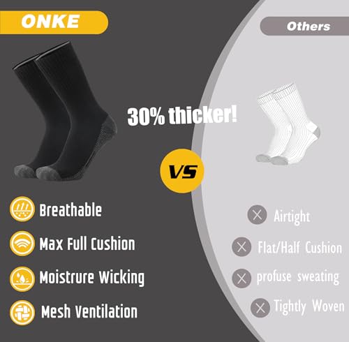 Image of ONKE Athletic Work Socks for Men Women Heavy Cushion Crew Moisture Wicking | Cotton, Max Full Cushion, Odor Control, Breathable, Comfortable, Durability, Anti Blister, Arch Support, Size M /L /XL 3 /6 Pack