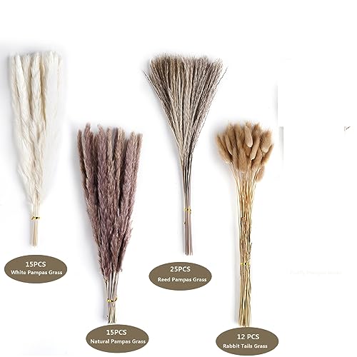 67PCS Pampas Grass Dried Flowers, Natural Floral Decor for Boho Home, Wedding, Baby Shower Decorations, Rustic Farmhouse Party Table Decor Home Decorations, White Brown Beige