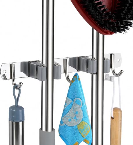 Image of Niwlix 2 Slot & 3 Hook Stainless Steel Mop and Broom Holder Wall Mount, Anti Slip Heavy Duty Waterproof Broom Hanger Stand Organizer Tool for Kitchen Home Garden Bathroom Garage