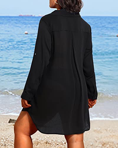 Pinup Fashion Womens Plus Size Swimwear Cover Ups Button Down Beach Long Sleeve Bathing Bikini Shirt Coverup2