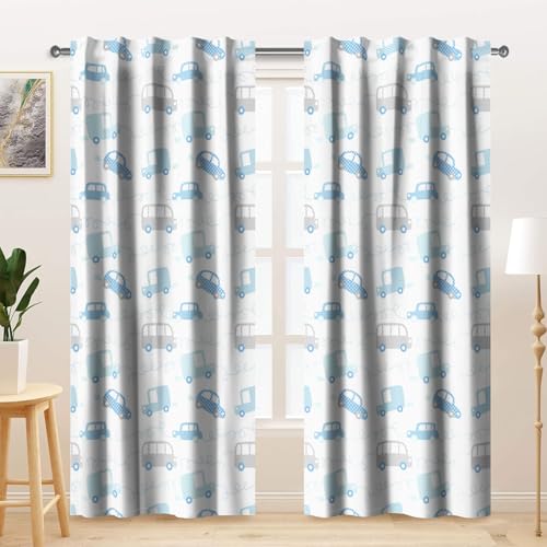 Kzzfqxb Cortinas Infantiles de 140x229cm 2 Paneles, diseño de vehículos Coches Furgonetas autobuses y Camiones, decoración de Dibujos Animados para Dormitorio Infantil, guardería y Sala de Estar