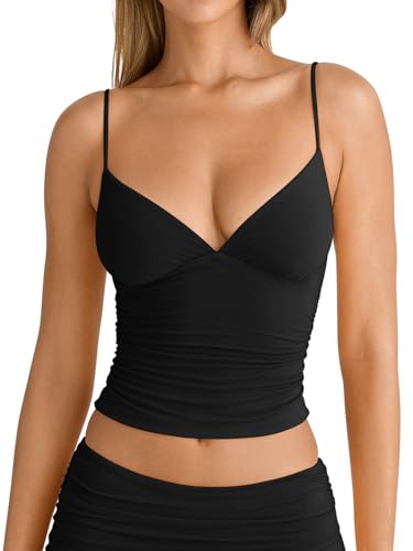 PINKMSTYLE Women's Sexy V Neck Ruched Cami Top Sleeveless Spaghetti Double Layer Fitted Crop Tank Tops4
