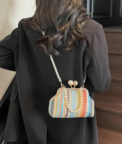Straw Woven Shell Bag Women Kiss Lock Pearl Top Handle Handbag Summer Colorful Rainbow Striped Shoulder Tote3