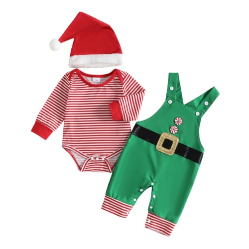 Image of Baby Boy Christmas Outfit Elf Newborn Romper Pants Set With Hat | Long Sleeve Bodysuit, Striped Romper Overalls Set, Baby Boy Elf Outfit, Fall Winter Clothes With Hat, My First Christmas.