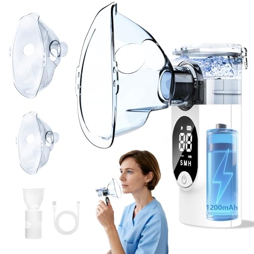 Aerosol Portatile Silenzioso, 1200mAh con Ricarica USB-C, Macchina Aerosol Ultrasuoni Adulti e Bambini, Display Aerosol con 2 Maschere e 1 Boccaglio per Uso Domestico e in Viaggio