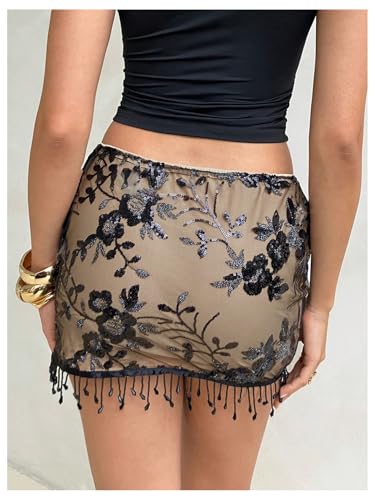MakeMeChic Women's Party Sequin Floral Mini Skirt Sparkly Low Waist Fringe Bodycon Skirts3