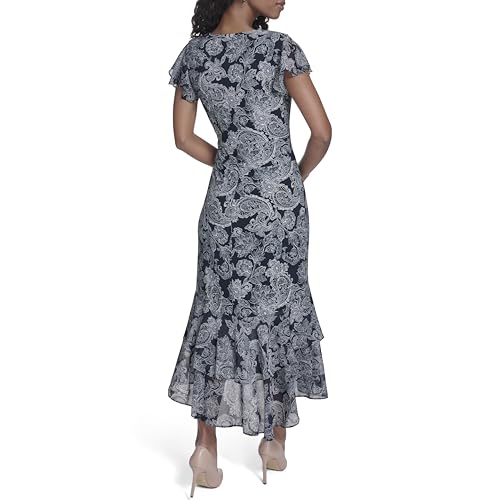 Image of Tommy Hilfiger Women's Flutter Sleeve V-Neck Ruffle Trim Hi-Lo Midi Dress
