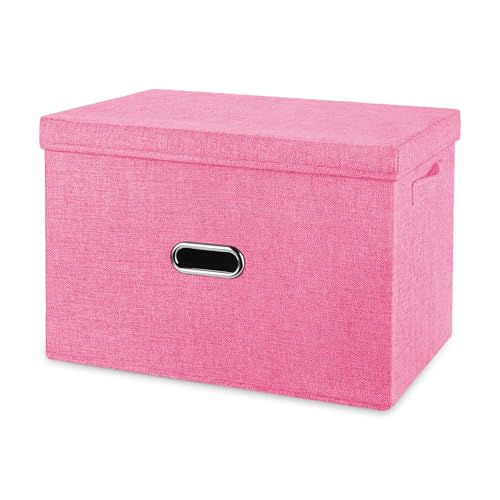 Image of Large Linen Fabric Foldable Storage Bins with Removable Lid and Handles, Washable Storage Box Organizer Containers Baskets Cube with Cover for Bedroom,Office(Pink, Extra Large)