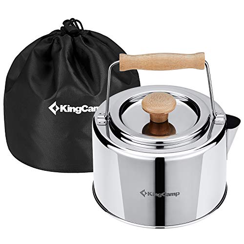 KingCamp Bouilloire de Camping Ultra-légère 1.2L Bouilloire Gaz Portable en Acier Inoxydable Alimentaire avec Manche en Bambou & Fuite de Thé Théières...