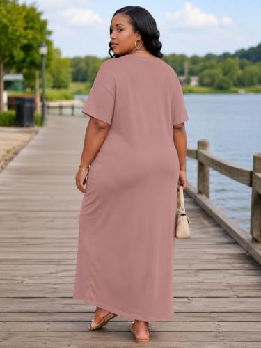 Image of Plus Size Maxi Dress for Women Short Sleeve V Neck Casual Loose Sundress with Pockets