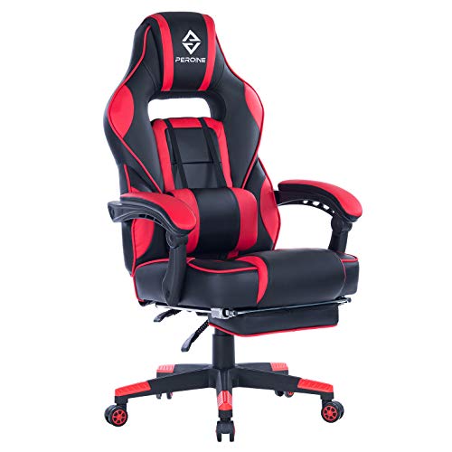 PEROINE Massage Gaming Chair - High Back PU Leather PC Racing Computer Desk Office Swivel Chair with Retractable Footrest and Adjustable Lumbar Support (Red/Black)