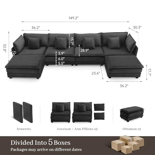 Image of Corduroy Sectional Couch, 4 Seater 149.2 inch U Shaped Cloud Couch with 2 Ottomans, Modular Deep Seat Sofa with Pillows for Living Room, Apartment, Black