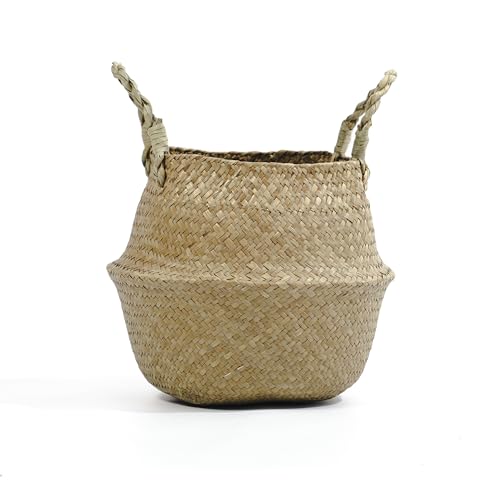 Valyria Home - Cesto de Mimbre 27 cm – Macetero Decorativo Plegable con Asas – Cesta de Almacenaje para Plantas, Ropa o Juguetes – Estilo Boho para Hogar