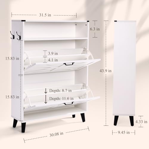 Homdox-Shoe-Cabinet-with-2-Flip-Drawers-Hidden-Slim-Shoe-Storage-Cabinet-with-Open-Storage-Freestanding-Farmhouse-Narrow-Shoe-Organizer-Cabinet-for-Entryway-Foyer-Hallway-White Homdox Shoe Cabinet with 2 Flip Drawers Hidden Slim Shoe Storage Cabinet with Open Storage Freestanding Farmhouse Narrow Shoe Organizer Cabinet for Entryway Foyer Hallway White