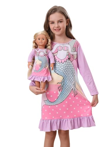Bow Dream Toddler Girls Dress Cute Cartoon and Matching American Girl Doll Clothes for Girls Party Birthday Gift Mint Mermaid
