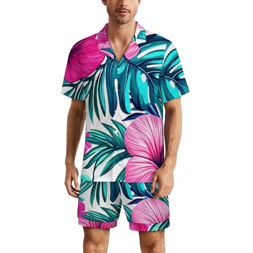 Pyjama court homme léger ensemble nuit imprimé feuilles doux
