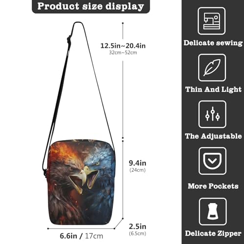 Crossbody Bag Blue Ice Fire Flame Bald Eagle Fight Messenger Bag for Women Men Purse Shoulder Bag Satchel Bag with Adjustable Strap 214A56373