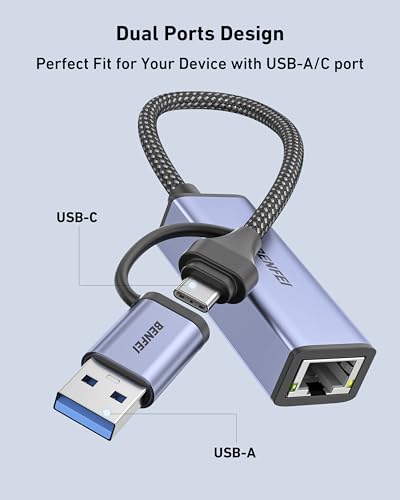 BENFEI USB 3.0 to Ethernet Adapter, USB C to RJ45 Gigabit LAN (1000Mbps) Network Adapter, Compatible with MacBook/Pro/Air, Surface Pro, Windows 11/10/8/7, Mac OS [Aluminium Shell&Nylon Cable]