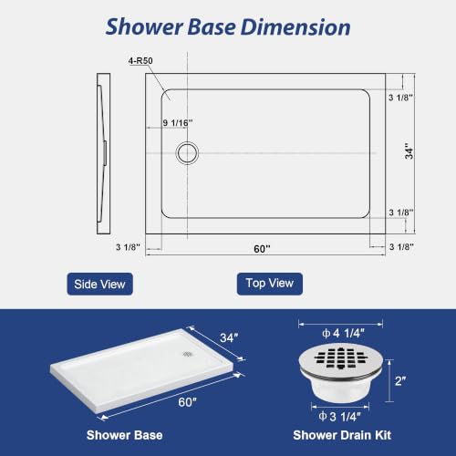 Image of KPUY 60'' L X 34'' W Shower Base Pan with Reversible Install, White