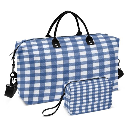 Blue & White Gingham Travel Duffel Bag, Shoulder Weekender Overnight Bags - Large Gym Bag with Wet Pocket