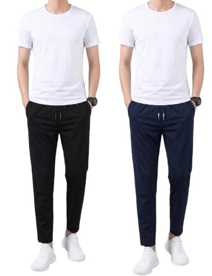 Image of Combo of 2 Men's Stretchable Lycra Blend Elasticated Waist Regular Fit Track Pants, Jogger Bottoms for Casual Wear (Black-Navy-Blue Combo) || Combo Casual Lower Track Pant