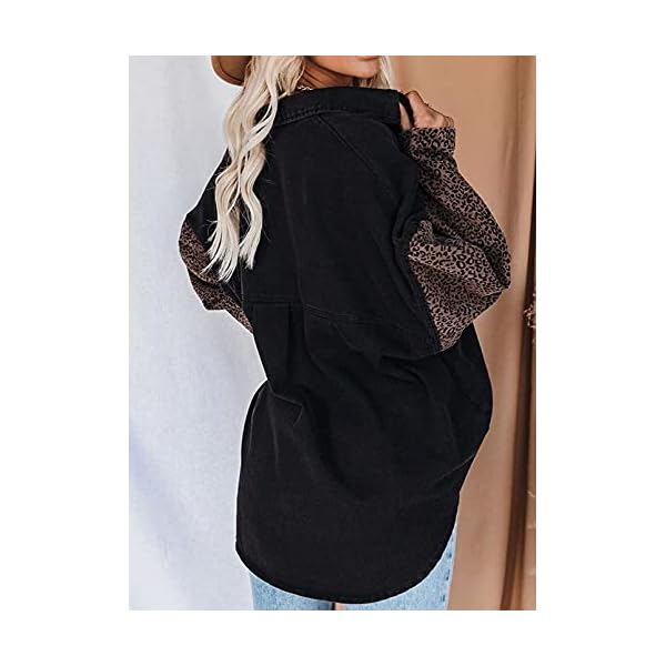 Dokotoo-Womens-Contrast-Leopard-Denim-Jacket-Long-Sleeve-Button-Down-Shirts-Boyfriend-Oversized-Blouses-Tops Dokotoo Women Lightweight Collared V Neck Shirts Leopard Patchwork Color Block Roll Up Long Sleeve Button Down Denim Jacket Shacket Pockets Blouse Tops for Ladies M Black