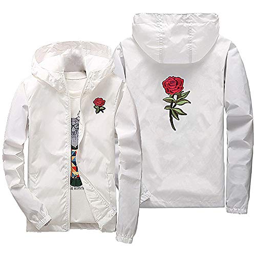 Rexcyril Men's Rose Floral Windbreaker Hooded Jacket Lightweight Solid Color Casual Full Zip Flower Coat Small White