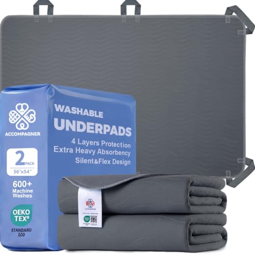 Image of Accompagner Positioning Bed Pads Washable Waterproof, with 6 Reinforced Handles, Ultra-Absorbent, for Lifting, Turning, Transfering, Elderly and Incontinence Patients (Dark Gray, 36 inchx54 inch - Pack of 2)