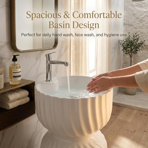 Image of Well Set Luxury Ceramic One Piece Pedestal Wash Basin | Premium Stand Wash Basin Square for Home Office Hotel | Glossy White
