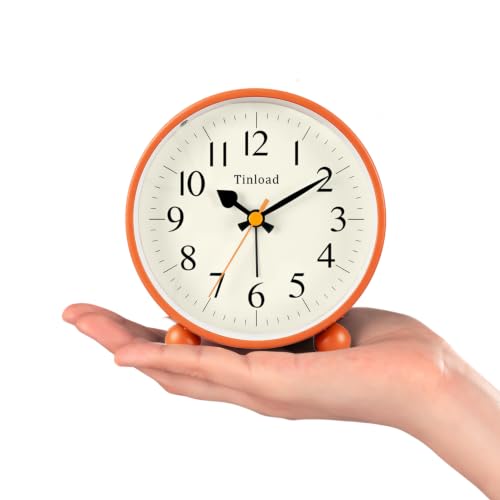 Image of Tinload 4.5 inch Vintage Retro Analog Alarm Clock, Super Silent Non Ticking Small Clock with Manual Light, Snooze, Battery Operated, for Living Room, Bedroom, Bedside, Desk(Orange)