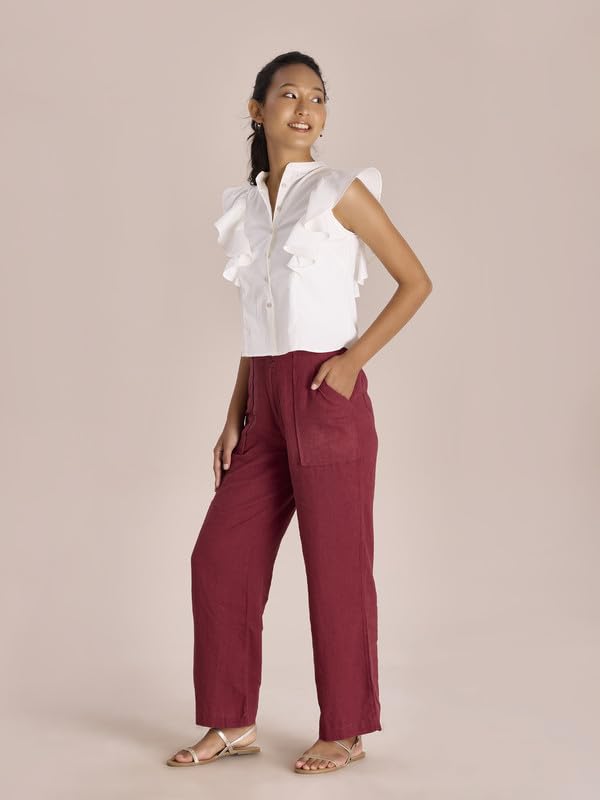 Image of GO COLORS Solid Linen Cargo Pants for Women | Full Length, Mid Rise, Side Pockets