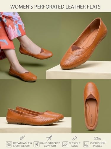 Image of Duosoft Comfort Walk Women's Perforated Leather Flats, Tan, Hand-Stitched, Breathable & Lightweight, Cushioned Insole, Flexible Sole