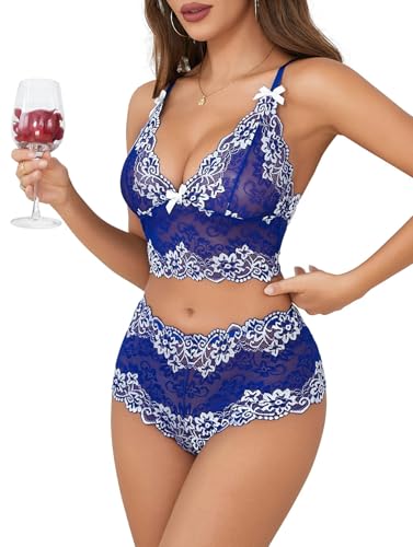Image of Lilosy Sexy Lingerie for Women Lace Pajamas Set Cami Bra and Panty High Waist Sheer Sleepwear 2 Piece 2XS-6XL