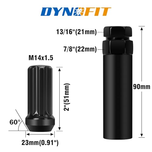 Dynofit 14x1.5 Spline Lug Nuts Compatible with Chevy Silverado 1500 GMC Sierra Ford,Aftermarket Wheel Lug Nuts Set for F150 2015-2024, 24PCS Black Truck Nuts Sets Include 1 Socket Key for Fuel Wheel