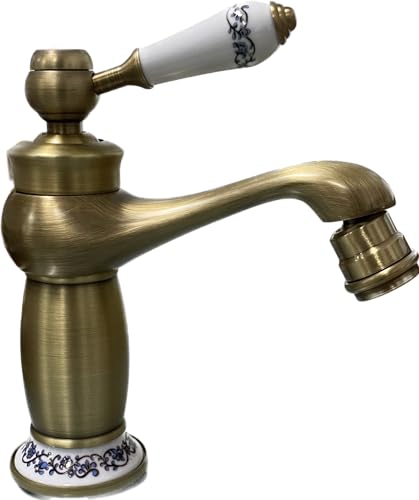 BAGNOCLIC - Miscelatore Bidet Vintage Ottone | Design Retro con Dettagli Simil-Ceramica | Snodo Orientabile | Finitura Bronzata Antica, Marrone, Ottone