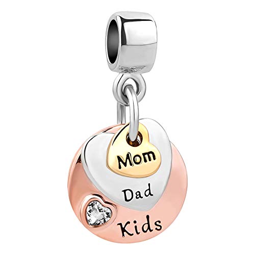 Three-tone Mom Dad Daughter Son Dangle Plate Charm fits Pandora Charms Moments Bracelets Gold Silver Rose Gold Heart Cubic Zirconia
