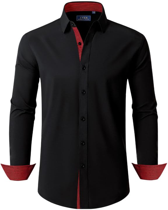 J.VER Herren Hemd Langarm Comfort Fit Businesshemd Bügelleicht Hemden Männer Wrinkle Free Casual Oberhemd Hochzeit Musterhemd,Schwarz,L
