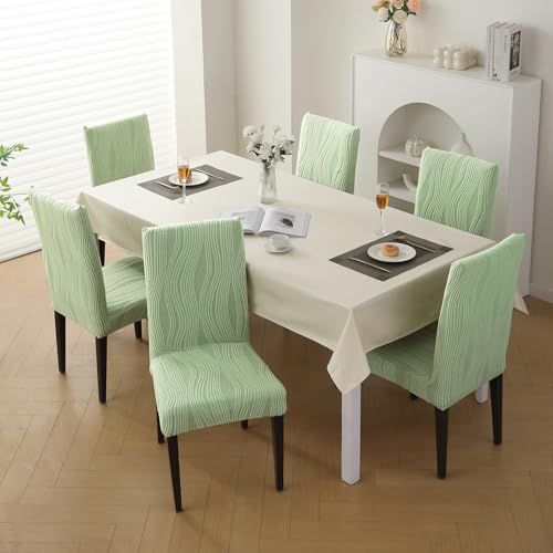 Image of HOKIPO 200 GSM Stretchable Knitting Jacquard Chair Cover Set of 6,'Nestiva Series' Pastel Green (AR-6072-GRN)