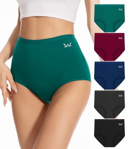 PULIOU Unterhosen Damen Baumwolle, 5er Pack Baumwolle Hohe Taille Unterwäsche Frauen Stretch Slips Damen Atmungsaktiv Panties Weich