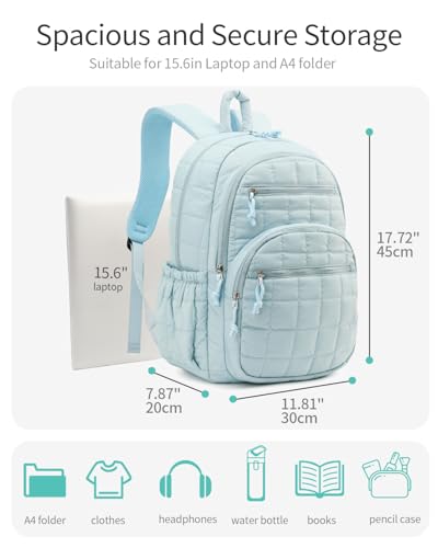 Image of Bookbag for Women, Teen Girls Backpack for High School College Student, Puffer Quilted Back Pack Cute Laptop Backpack for Work Travel Mom Casual Daypack, Blue